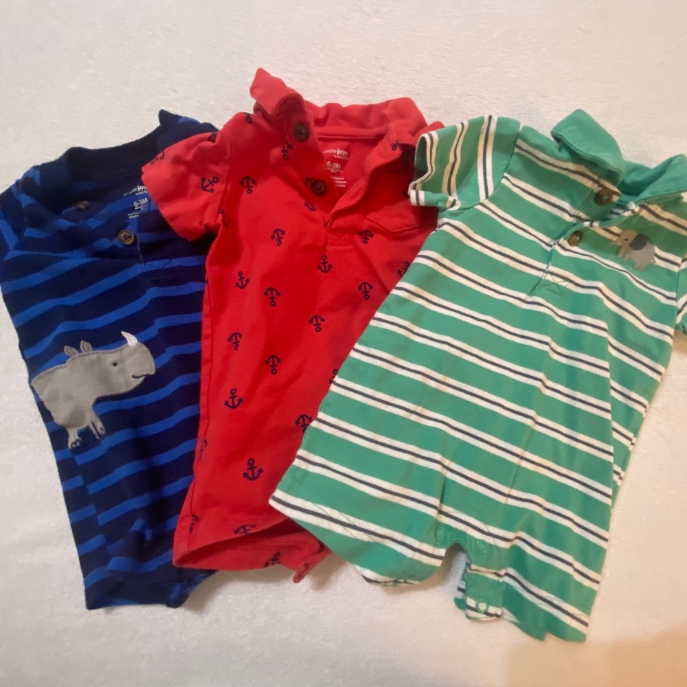 Carter’s Short Sleeve Rompers, Rhino Stripe & Anchors & Elephant Stripe